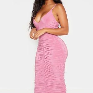 Pretty Little Thing mauve ruched strap midi dress